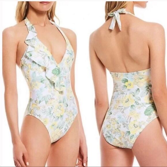 NWT Antonio Melani Floral Ruffle Halter One Piece Swimsuit Size XS